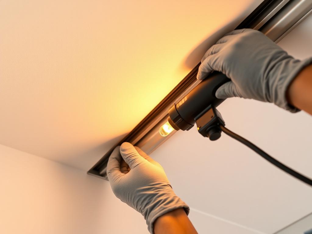 Stretch ceiling membrane being clipped into aluminium profile track