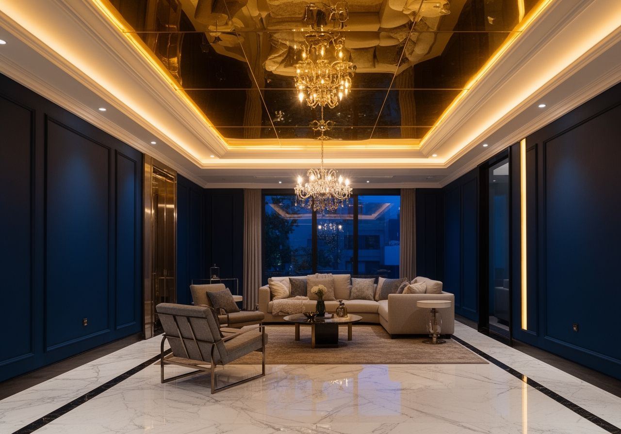 Glossy stretch ceiling installation in a luxurious Kuala Lumpur living room with chandelier reflection