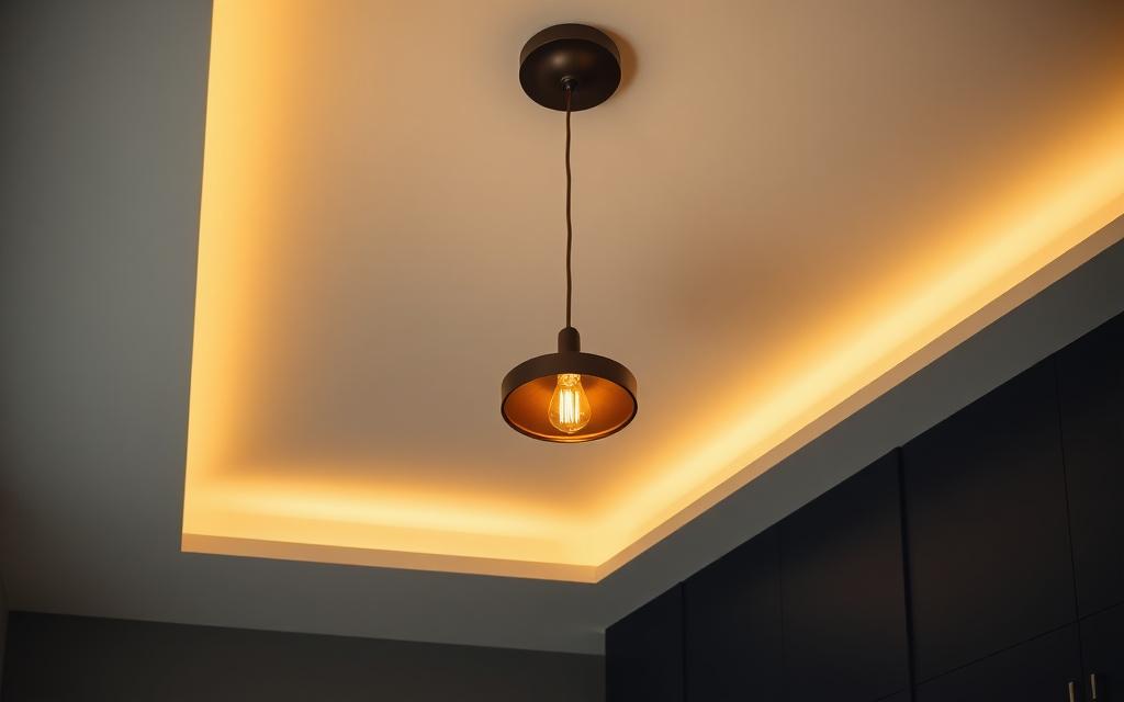 Pendant light hanging from a matte cream stretch ceiling
