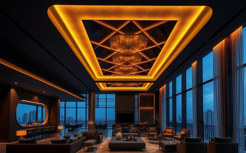 Multi-zone stretch ceiling installation with backlit gold inlay