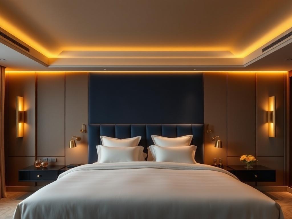 Cove-lit matte stretch ceiling over a navy and gold master bedroom