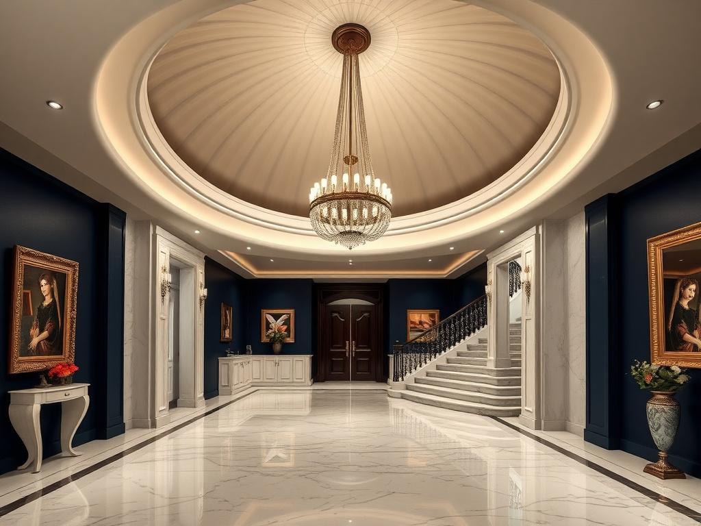 3D wave stretch ceiling crowning a grand bungalow entrance