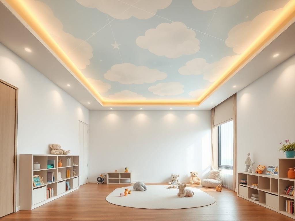 Custom printed cloud stretch ceiling in a children's playroom
