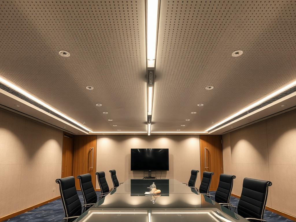 Acoustic perforated stretch ceiling in a corporate boardroom
