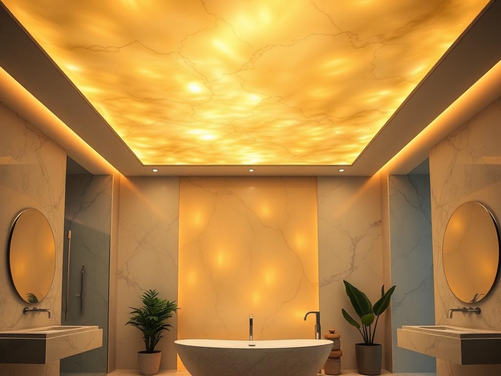 Translucent backlit stretch ceiling glowing above a master bathroom