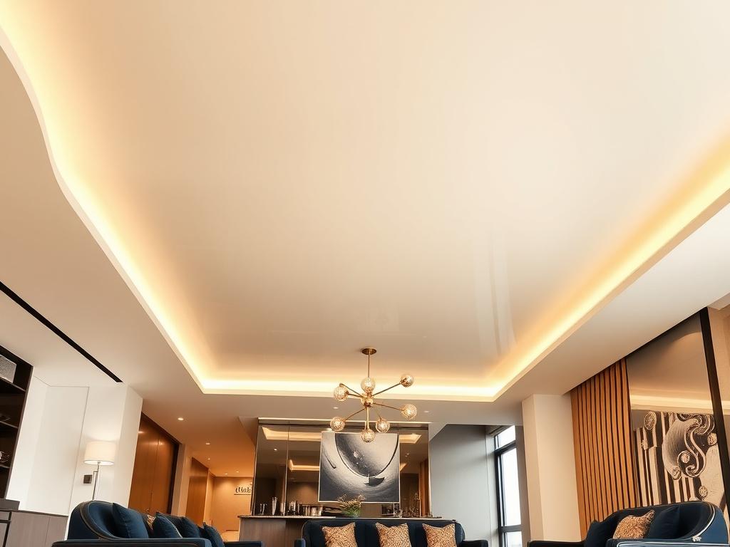 Mirror-finish gloss stretch ceiling in a contemporary Malaysian living room