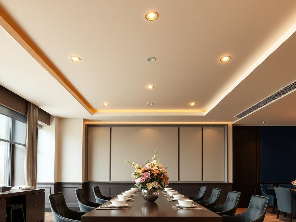 Soft matte stretch ceiling above a refined dining room