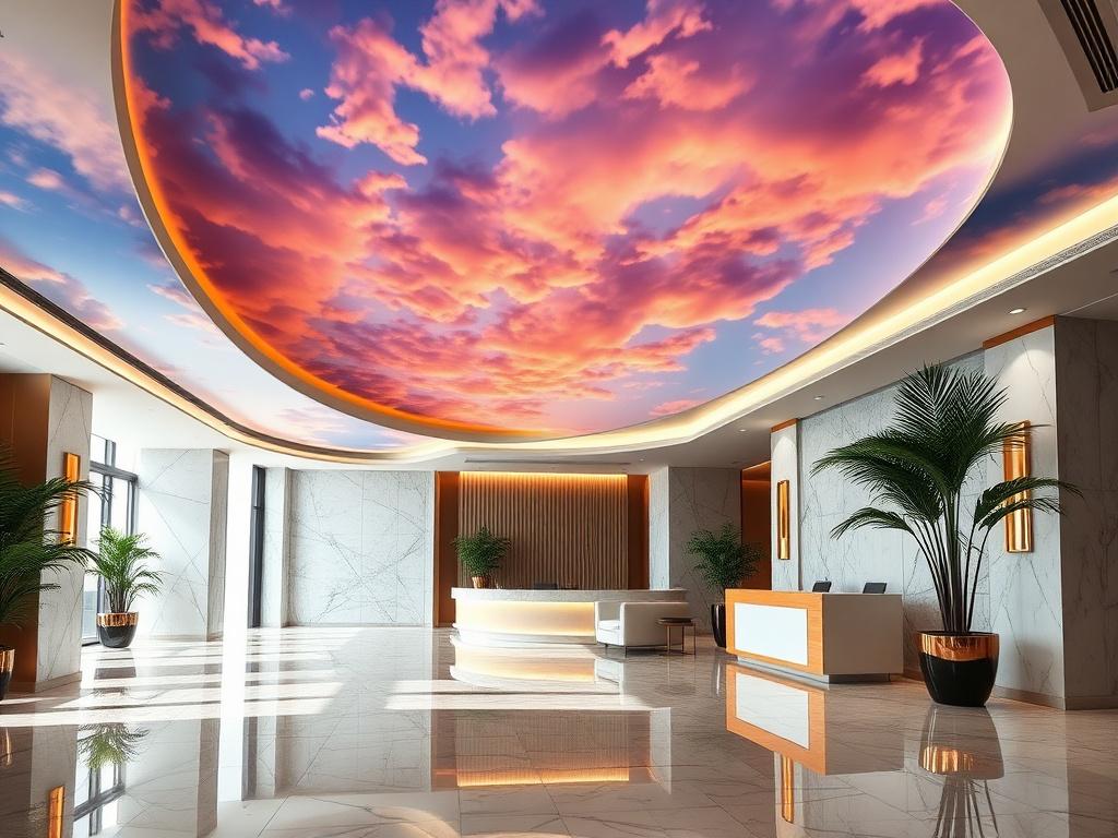 Custom printed stretch ceiling featuring a painted sky in a hotel lobby